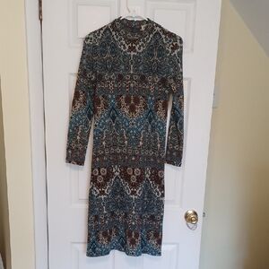 Goldworm Sz S, Vintage 60's Virgin Wool, Jacquard Midi High Neck Dress